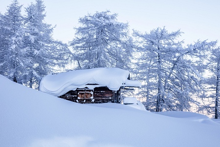 Schneereichste Region Tirols PillerseeTal - eingeschneite Almhütte auf der Steinplatte Waidring